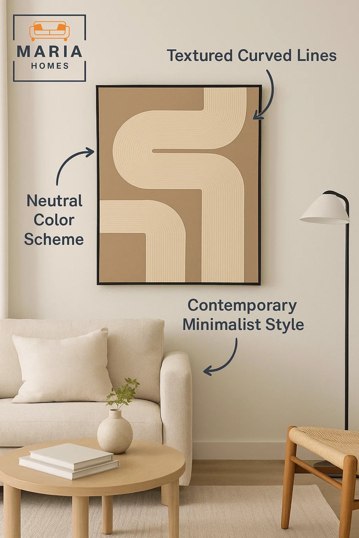 Contemporary Beige Area Rug with Cream Curved Line Design Ð 4.3*123 cm