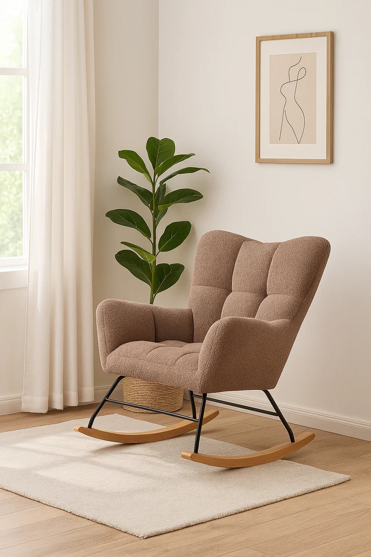Modern Brown Fabric Rocking Armchair, Comfortable Lounge Chair with Wooden Rocker Legs for Home