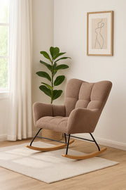 Modern Brown Fabric Rocking Armchair, Comfortable Lounge Chair with Wooden Rocker Legs for Home