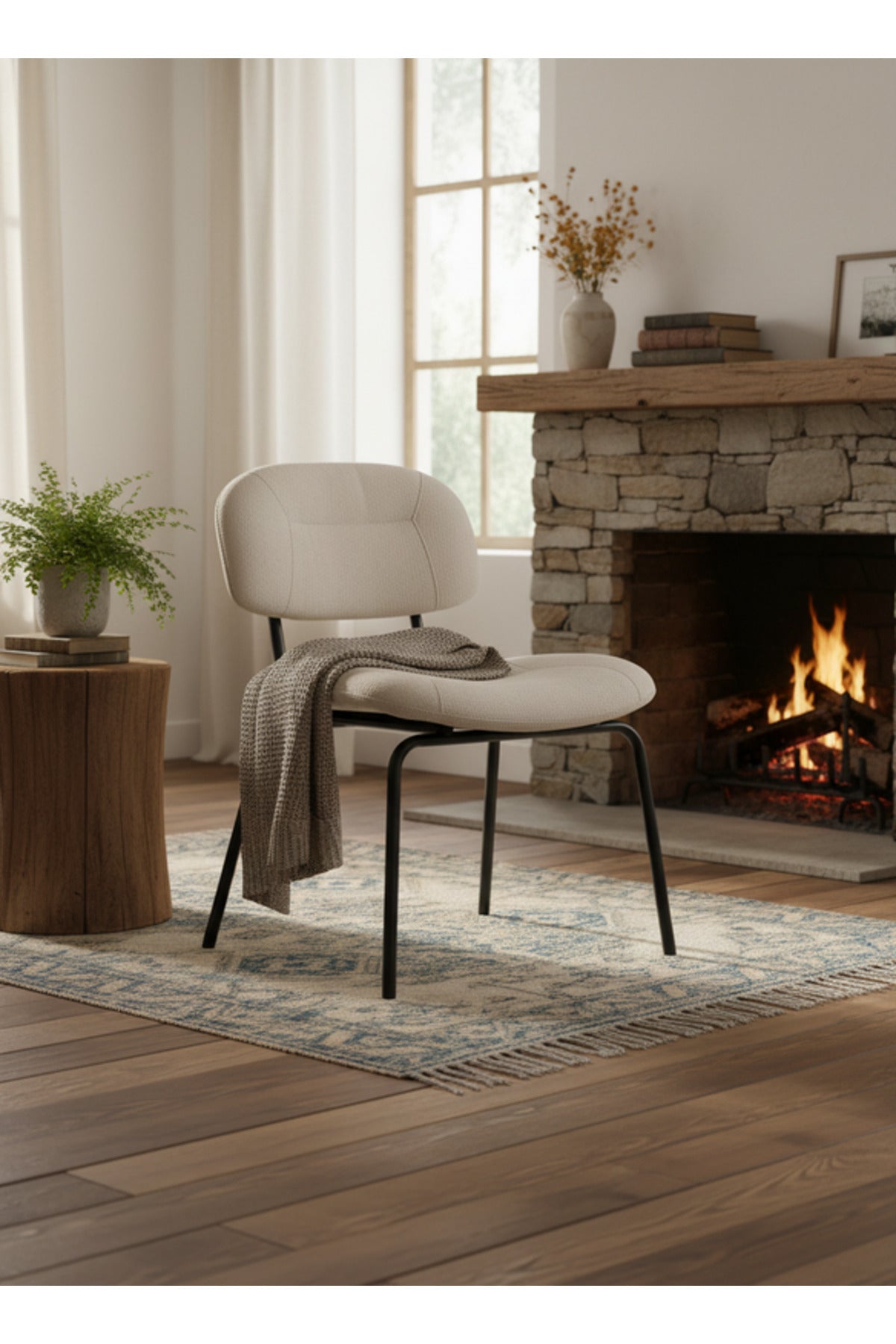 Modern Beige Dining Chair with Black Metal Legs Comfortable Dining Room Chair