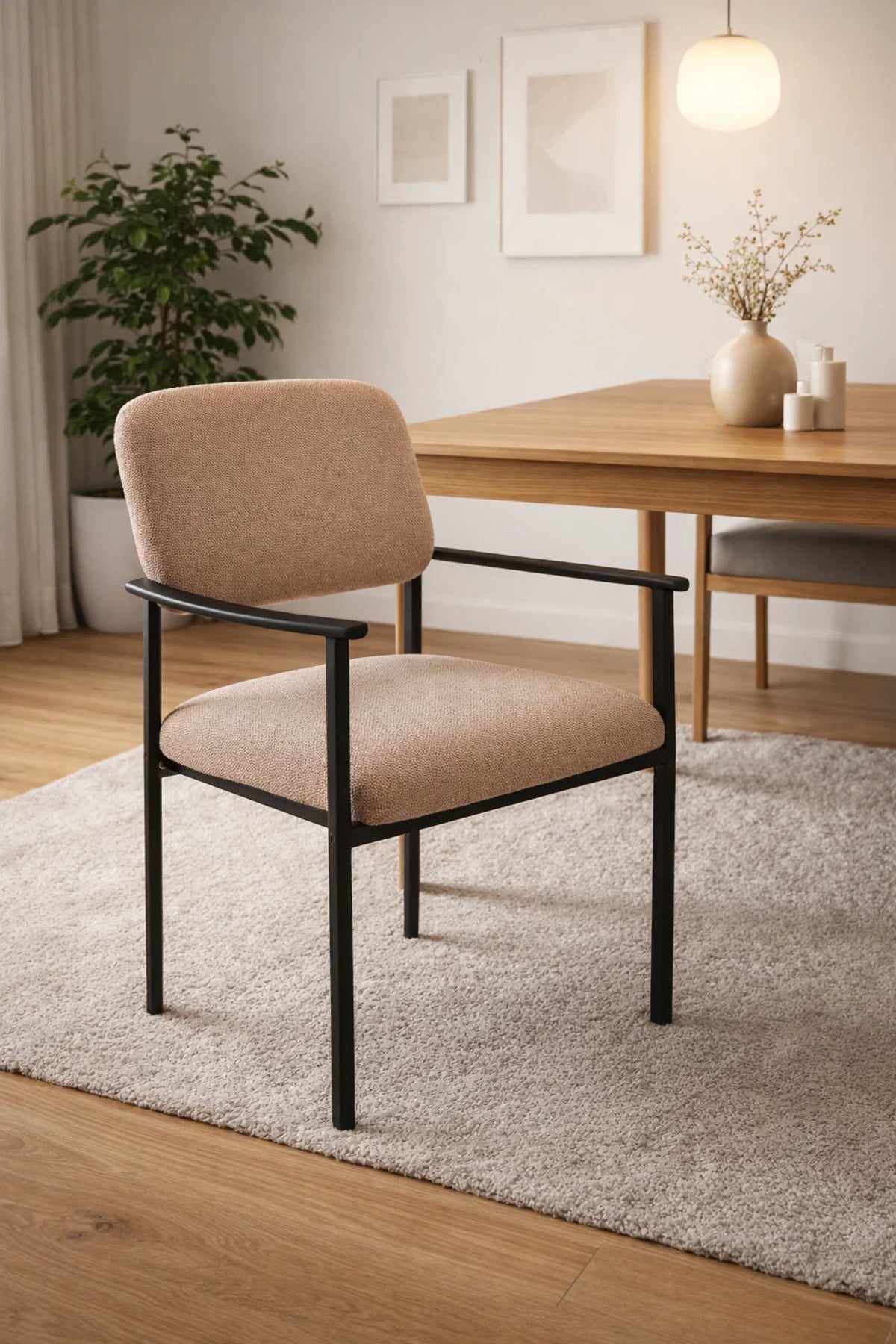 Modern Beige Upholstered Armchair with Black Metal Frame Stylish Dining Chair for Home Office Use