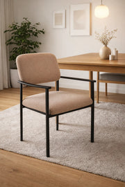 Modern Beige Upholstered Armchair with Black Metal Frame Stylish Dining Chair for Home Office Use