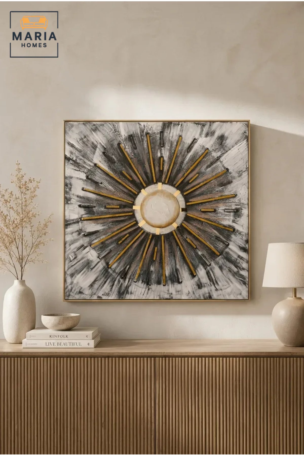 Luxury Sunburst Abstract Wall Art Ð Modern Gold Black White Textured Framed Artwork for Living Room, Bedroom & Office DŽcor