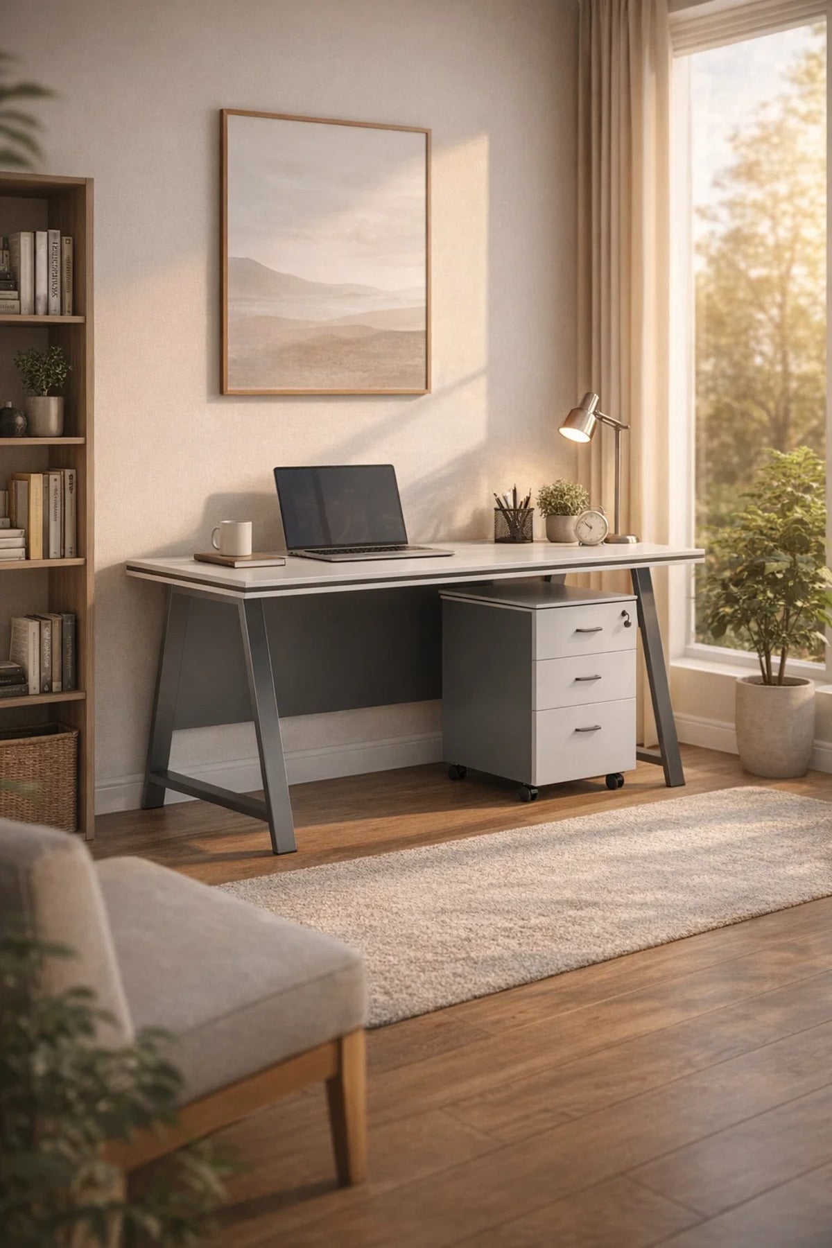 Stylish 140cm Office Desk with Mobile Pedestal White & Grey Computer Workstation for Modern Office