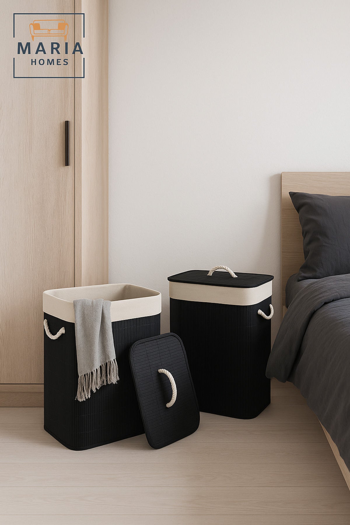 Black Bamboo Laundry Basket with Lid & Rope Handles Ð 40_30_57 cm