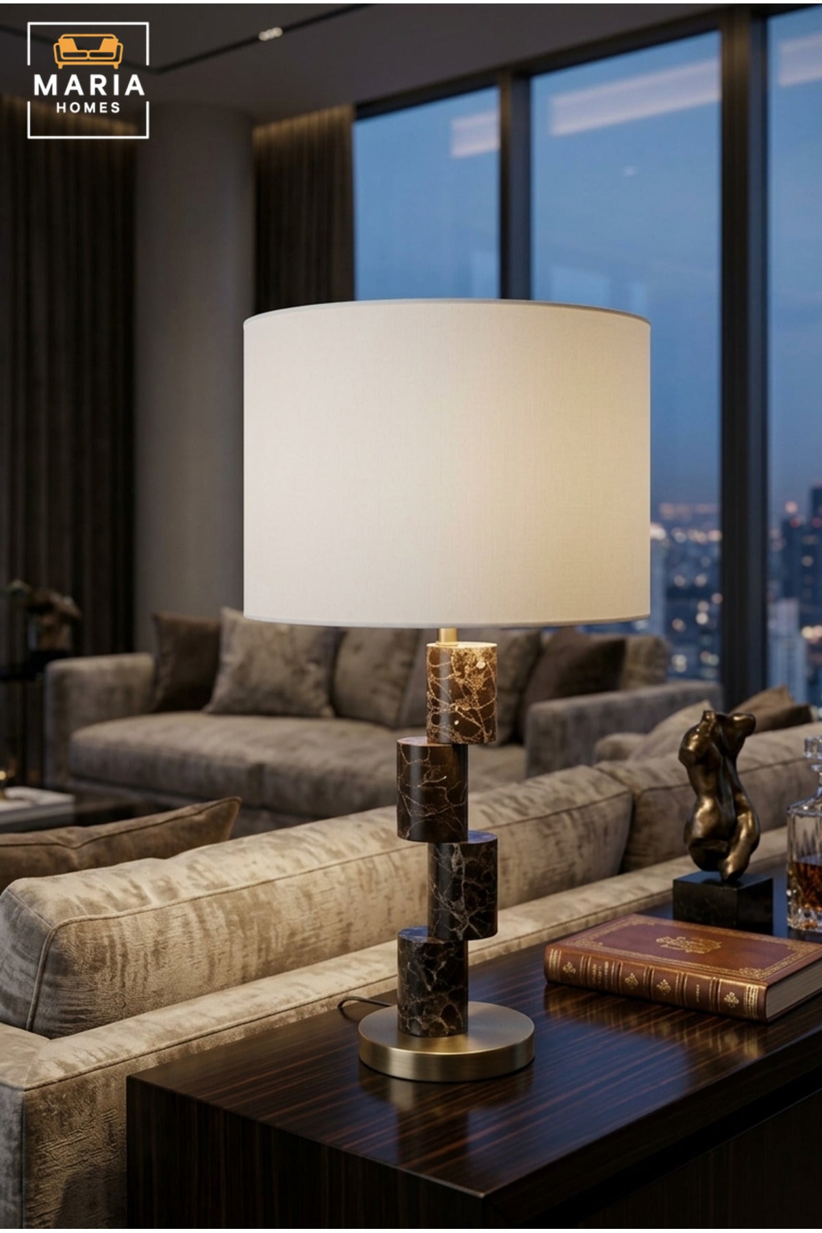 Modern Geometric Table Lamp with Marble Effect Column, White Fabric Shade and Gold Base Decorative Bedside Light for Bedroom Living Room Office