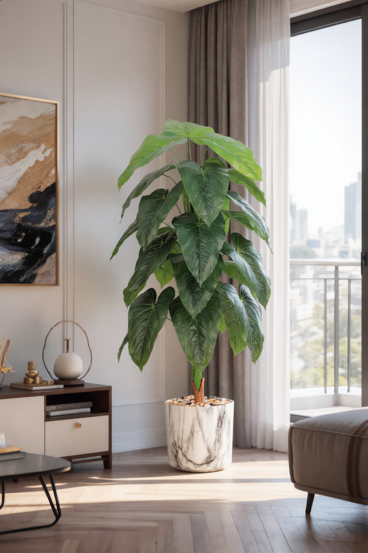 135 cm Artificial Philodendron Tree with White Marble with Pot – Luxury Indoor Decor