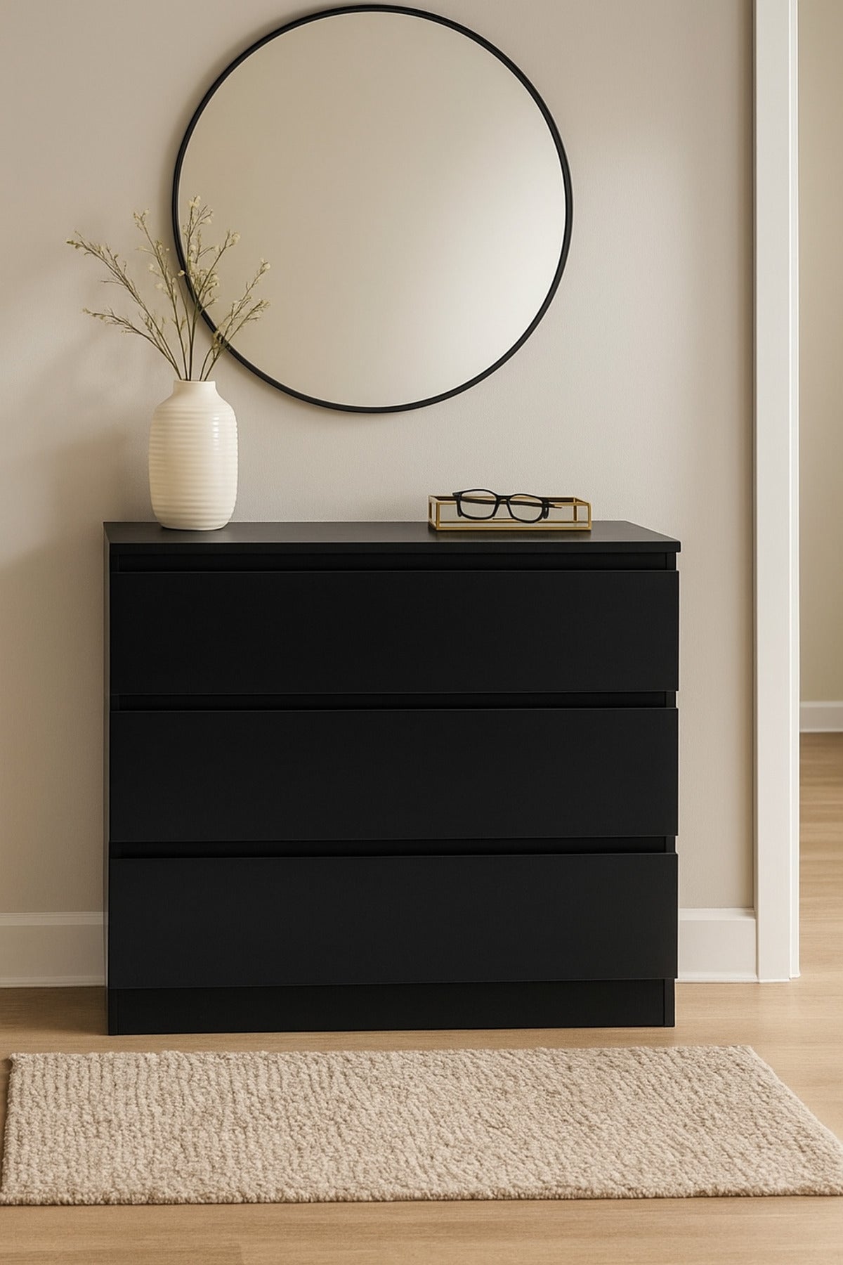 Black Wooden Drawer Cabinet 80_48_79 cm Ð Modern 3-Drawer Dresser for Bedroom, Living Room & Office