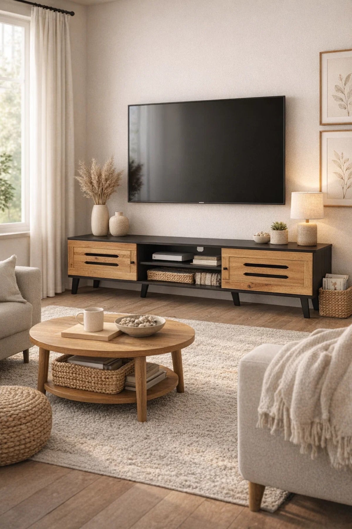 Modern Wooden TV Stand Black with Oak Front Panels 180 x 40 x 43 cm