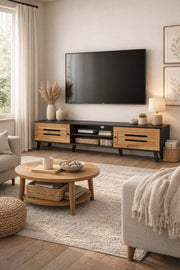 Modern Wooden TV Stand Black with Oak Front Panels 180 x 40 x 43 cm
