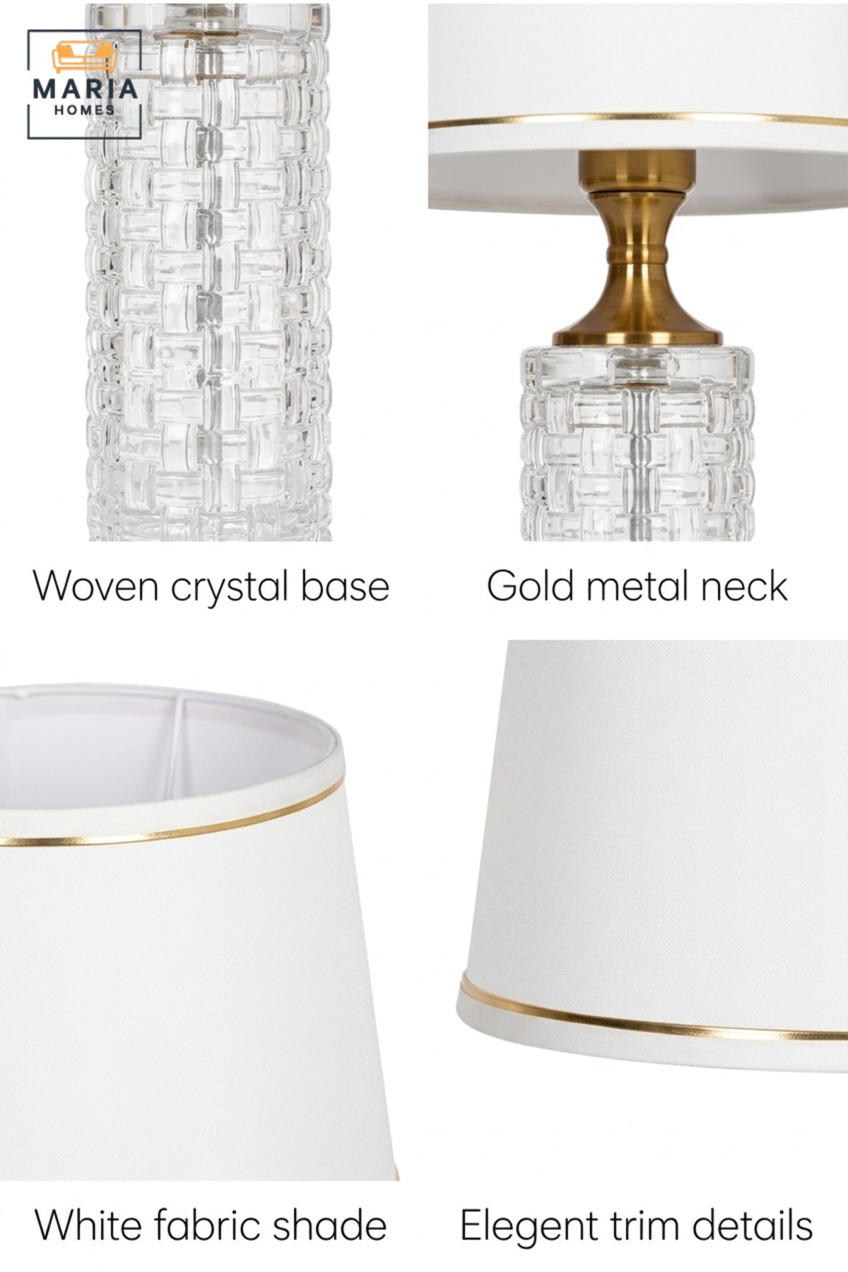 Luxury Crystal Table Lamp with White Fabric Shade, Gold Tone Details and Textured Clear Base for Bedroom, Living Room, Office, Hotel and Bedside Décor
