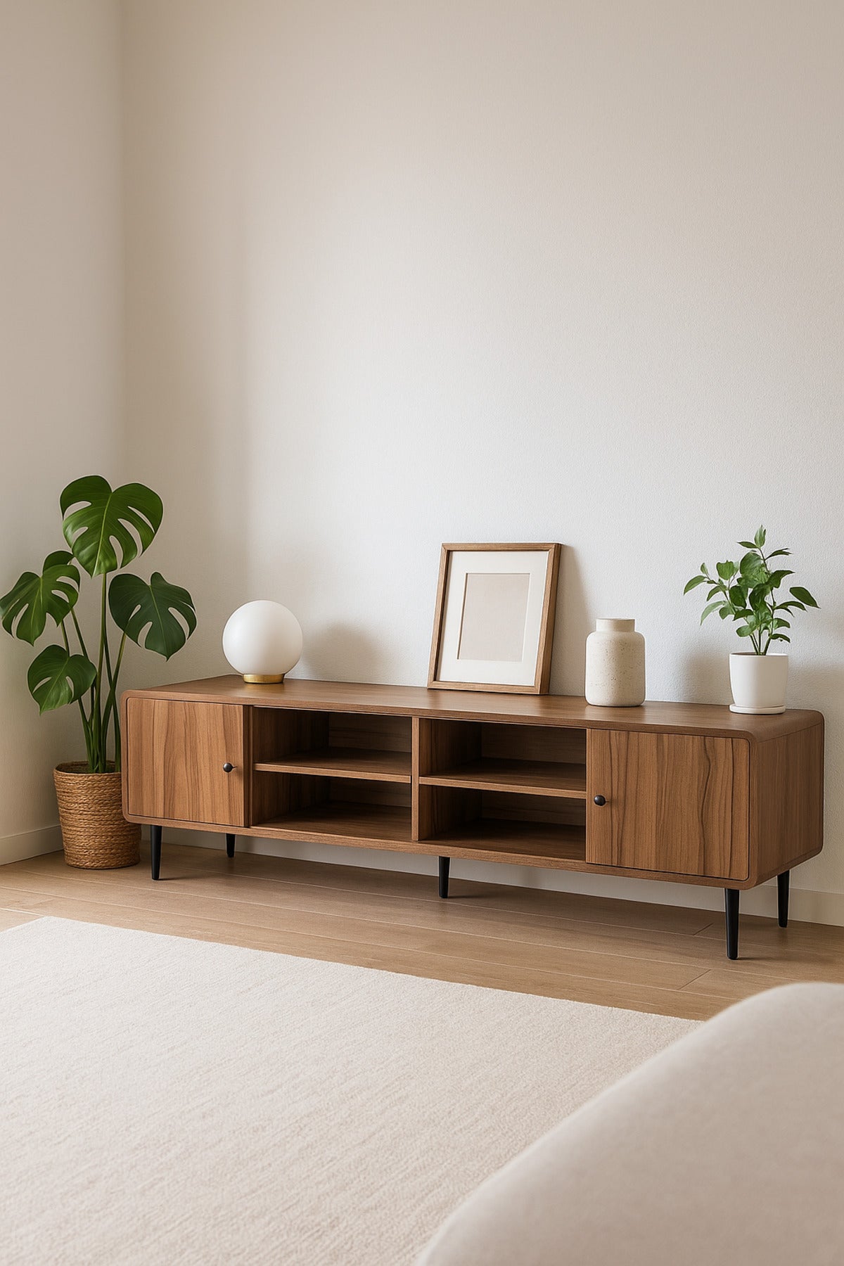 Walnut Wooden TV Stand 180_40_54 cm Ð Modern TV Unit with Open Shelves and Side Cabinets for Living