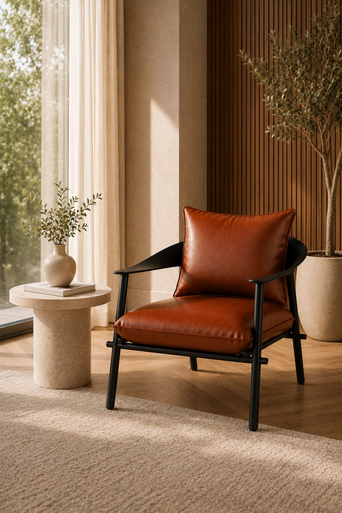 Modern Brown Faux Leather Lounge Chair with Black Metal Frame - Contemporary Living Room Accent Armc