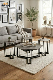 Modern Four-Piece Coffee Table Set with Hexagonal Center Table and Three Nesting Side Tables, Space-Saving Accent Tables for Living Room and Lounge