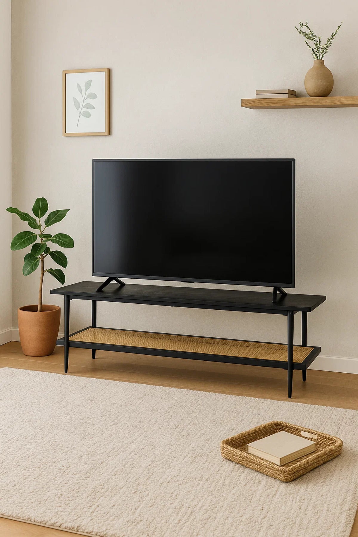 Contemporary Black TV Stand with Rattan Shelf Ð 160x40x50 cm Two-Tier Media Console