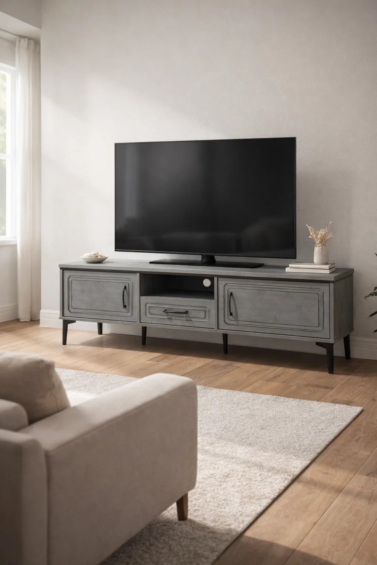 Modern Grey TV Entertainment Unit 160cm Wide Media Console with Storage Drawers Living Room