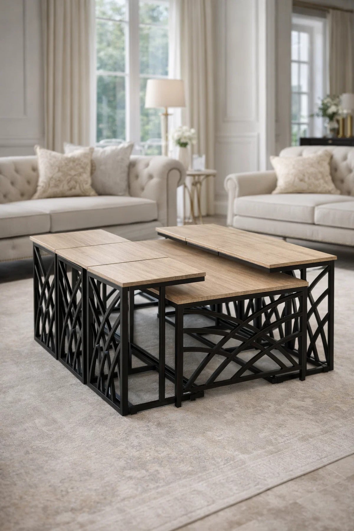 Modern Wood Coffee Table Set with 6 Side Tables 130 × 70 45 cm modern wood coffee