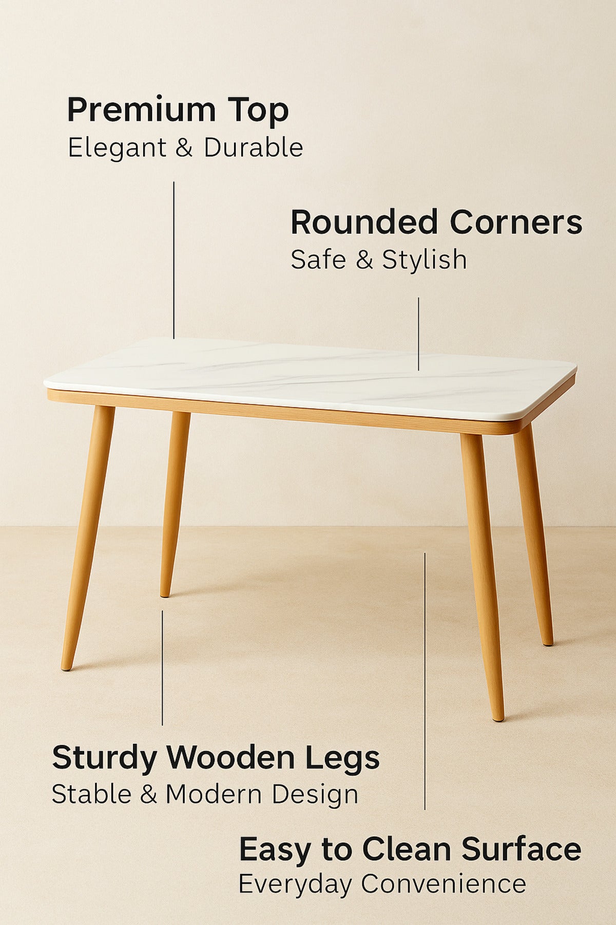 Rectangular Dining Table with White Marble-Effect Top & Light Wood Legs Ð 120_70_76 cm