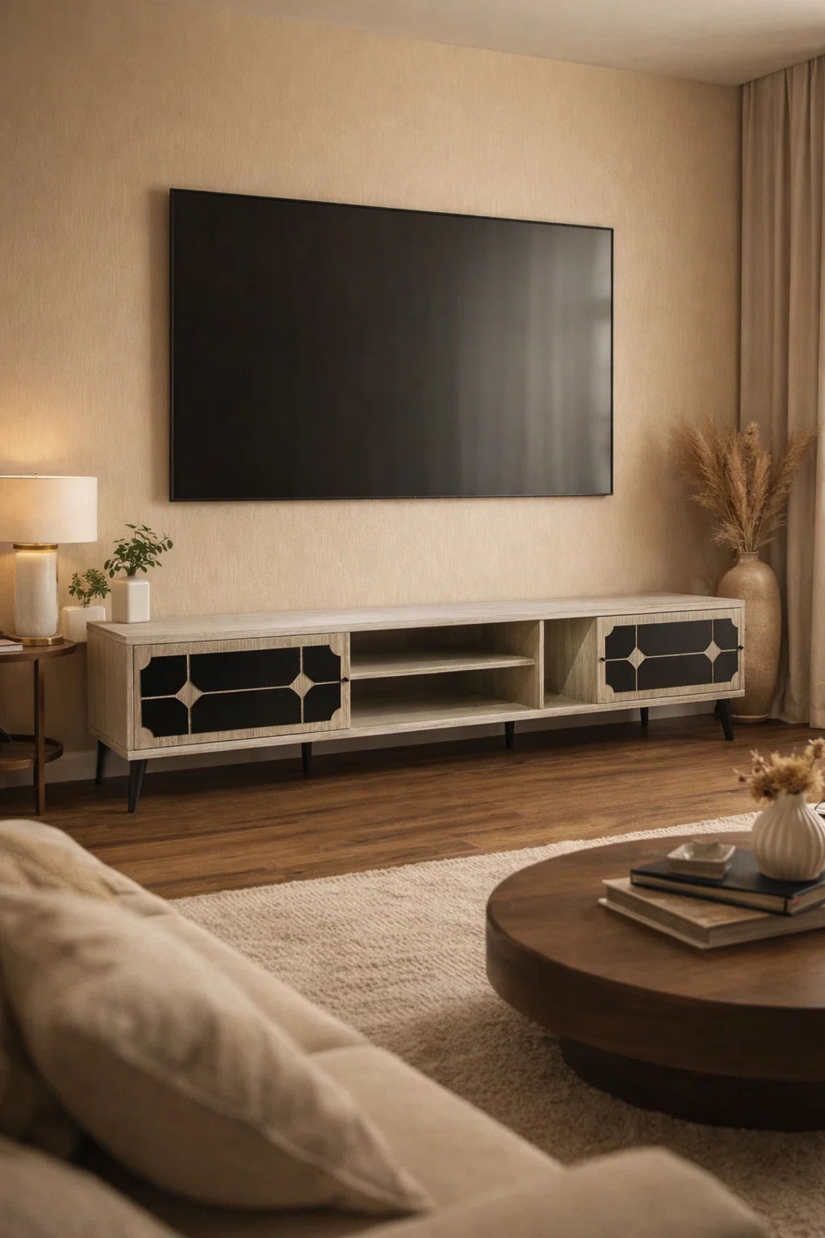 Stylish Beige TV Stand Console 200cm with Black Decorative Doors for Modern Home Living Room