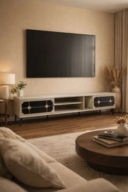 Stylish Beige TV Stand Console 200cm with Black Decorative Doors for Modern Home Living Room