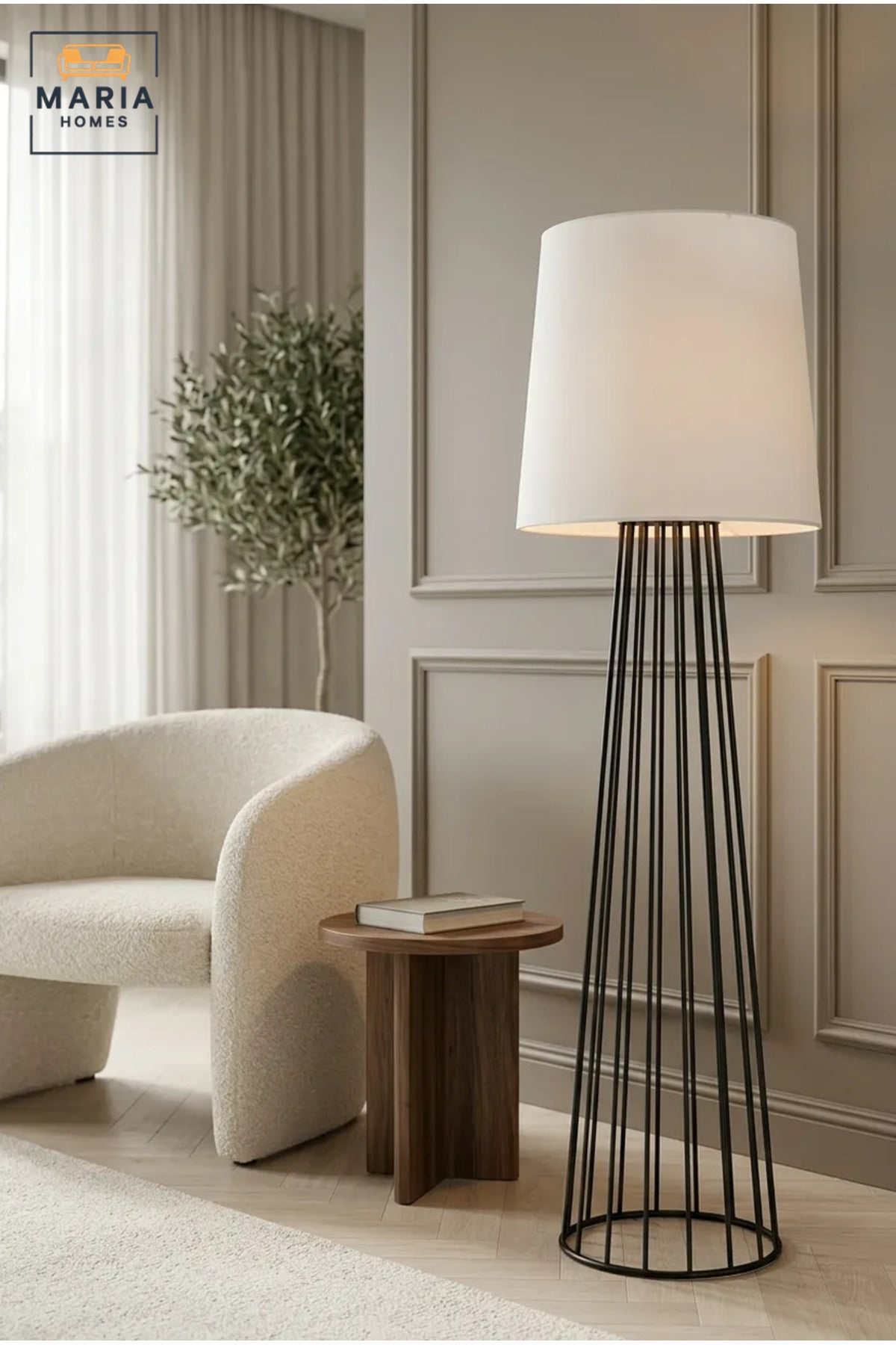 Modern Floor Lamp with Fabric Drum Shade and Open Cage Frame, Decorative Freestanding Standing Light for Living Room, Bedroom, Reading Corner and Office