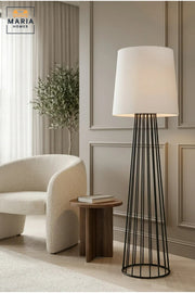Modern Floor Lamp with Fabric Drum Shade and Open Cage Frame, Decorative Freestanding Standing Light for Living Room, Bedroom, Reading Corner and Office