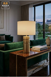 Modern Gold Cylindrical Table Lamp with Layered Base and Fabric Drum Shade Decorative Bedside Light for Bedroom Living Room Office and Hotel Décor