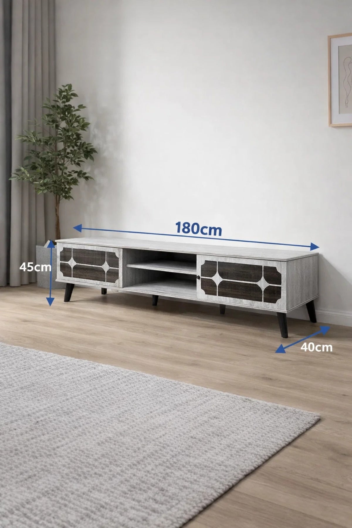 Grey Modern TV Unit 180cm Wide Media Stand with Shelving and Patterned Doors for Living Rooms