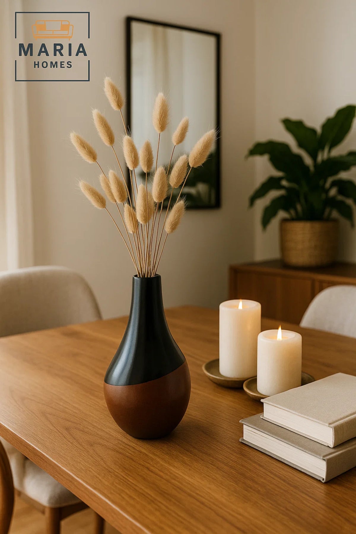 Modern Ceramic Vase with Glossy Black & Wood-Tone Base Ð Teardrop Shape