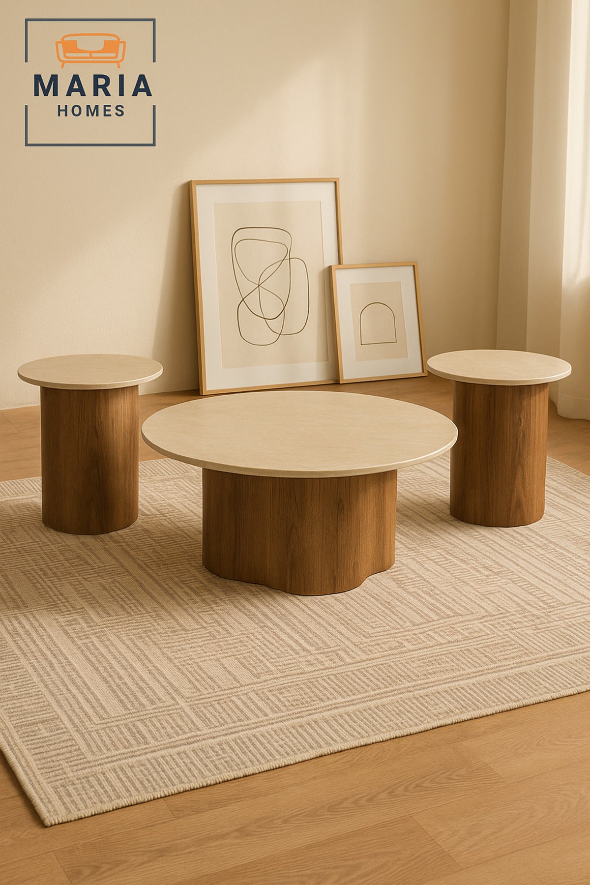 Modern 3-Piece Beige Marble Coffee Table Set with Brown Wooden Base for Living Room