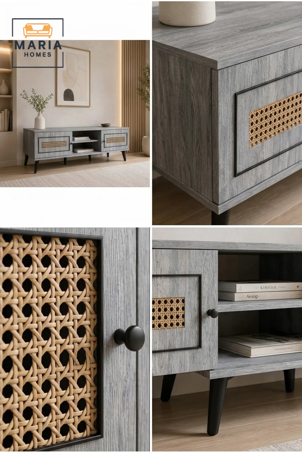 Modern Rattan Style TV Unit 180 _ 40 _ 45 cm √ê Wooden Entertainment Center with 2 Doors and Open Storage Shelf
