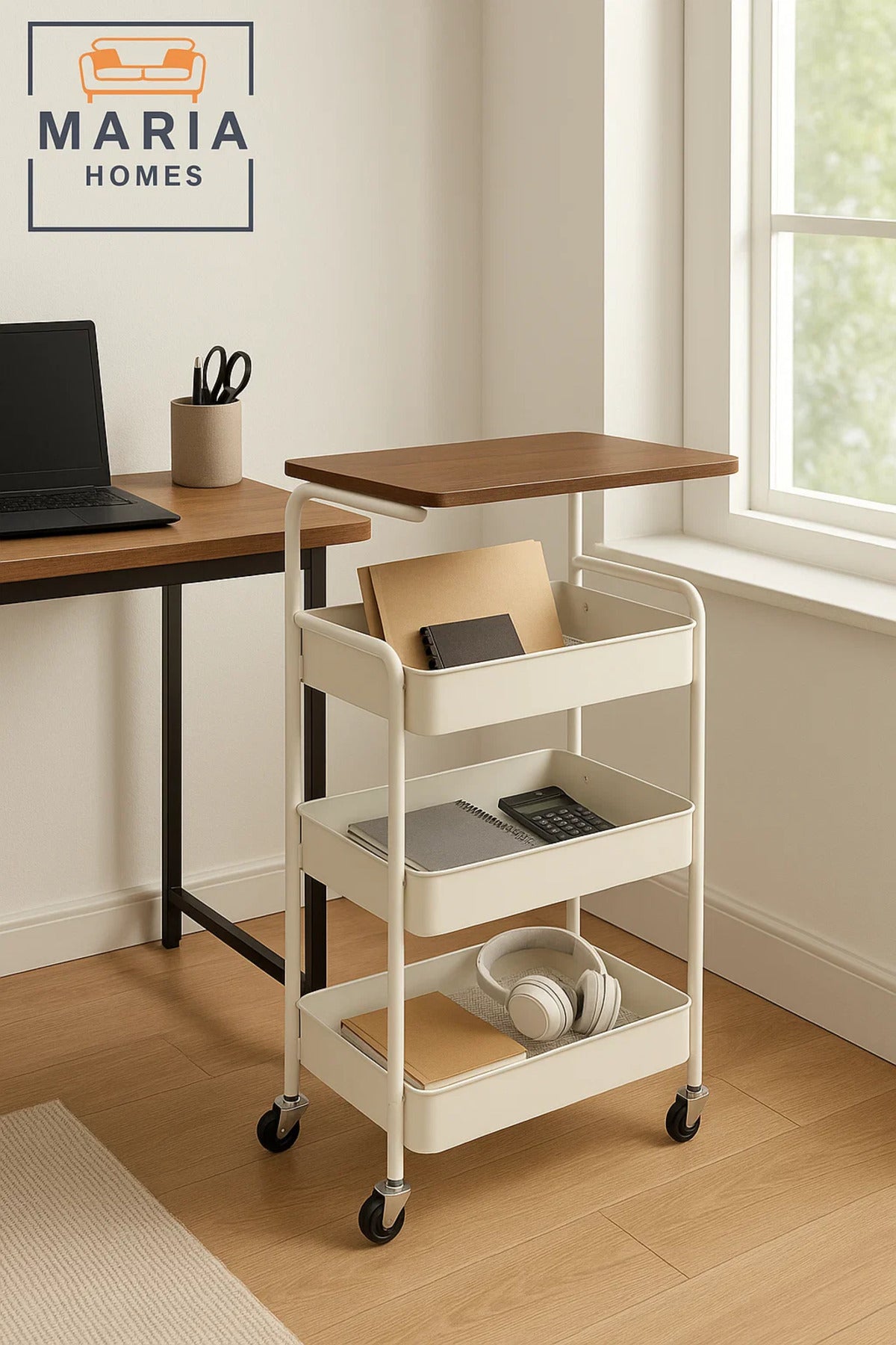 3-Tier Bedside Storage Cart with Wooden Top Ð Rolling Organizer for Bedroom or Living Room