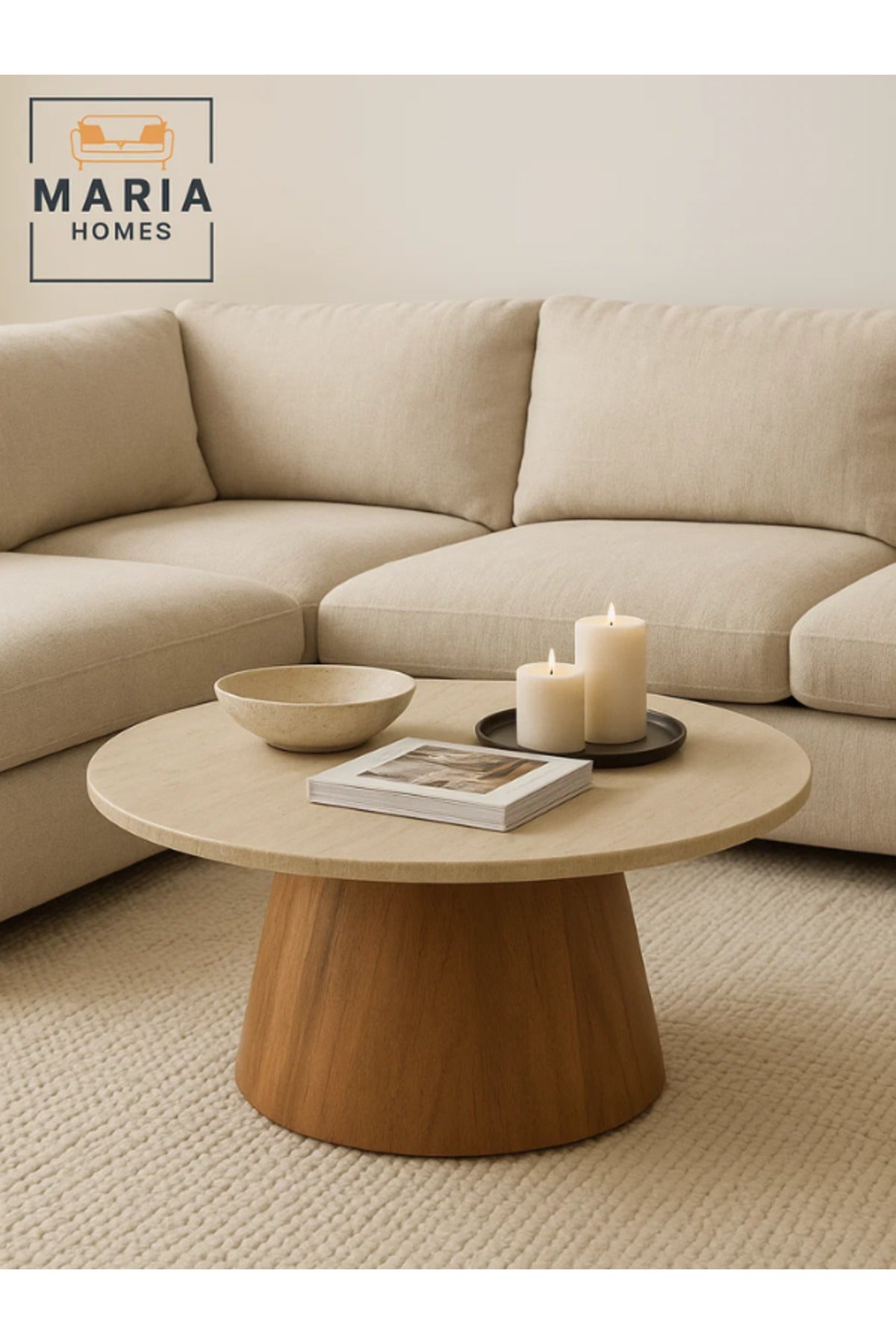 Round Coffee Table 90_45 cm Ð Modern Beige Laminate Top with Brown Wooden Base