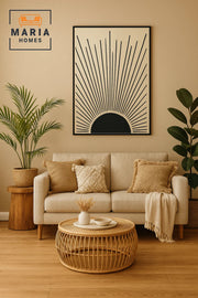 Framed Abstract Wall Art Ð Rising Sunburst Design in Black on Beige and Size 123*83 cm