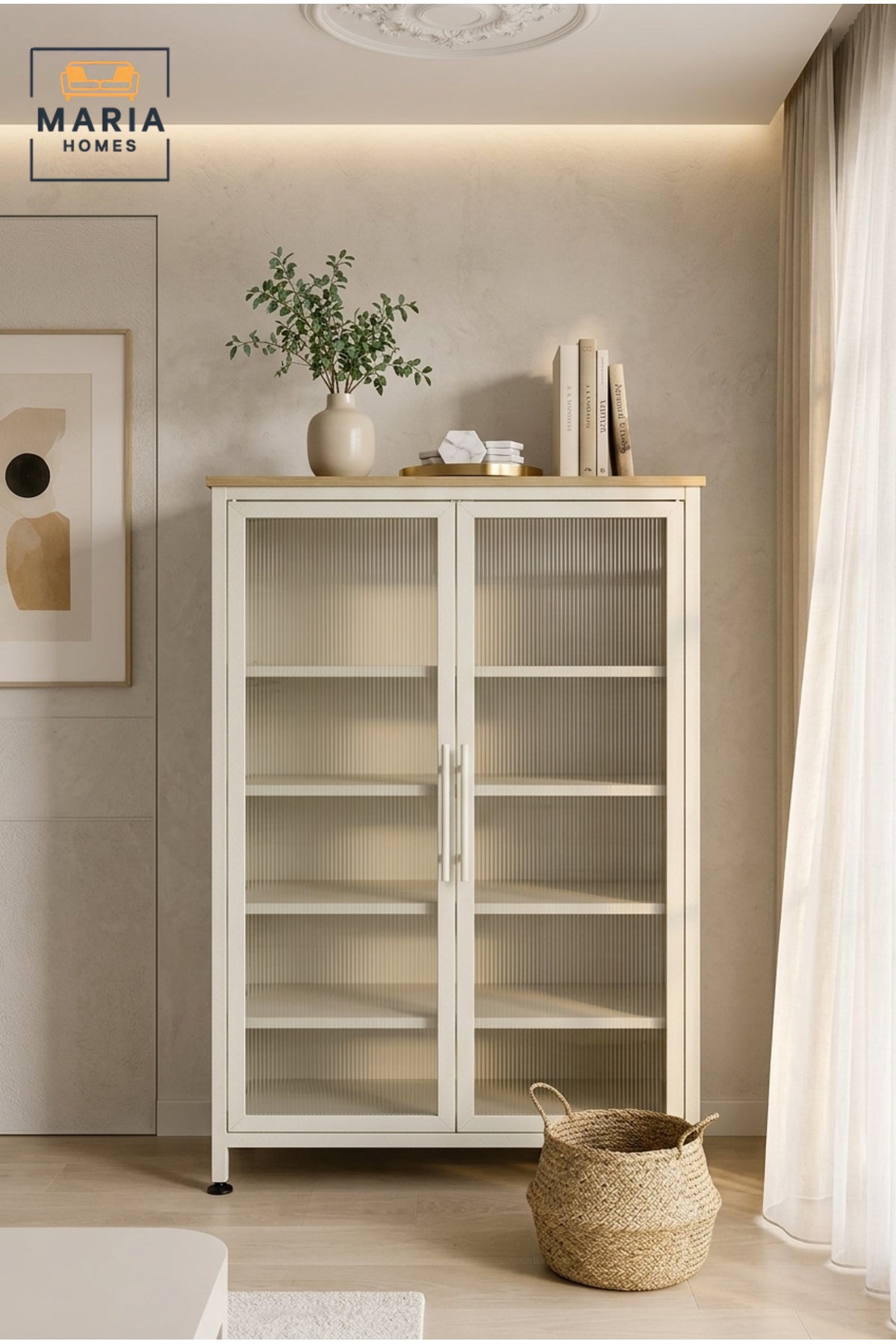 Modern Metal Display Cabinet with Ribbed Glass Doors √ê Freestanding Storage & Showcase Cabinet