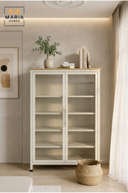 Modern Metal Display Cabinet with Ribbed Glass Doors √ê Freestanding Storage & Showcase Cabinet