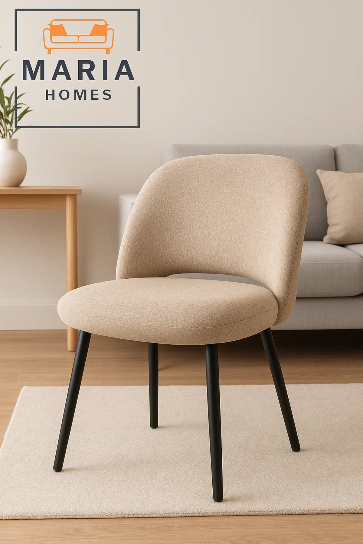 Beige Modern Lounge Chair Ð Curved Upholstered Fabric Seat with Black Legs for Home or Office Use