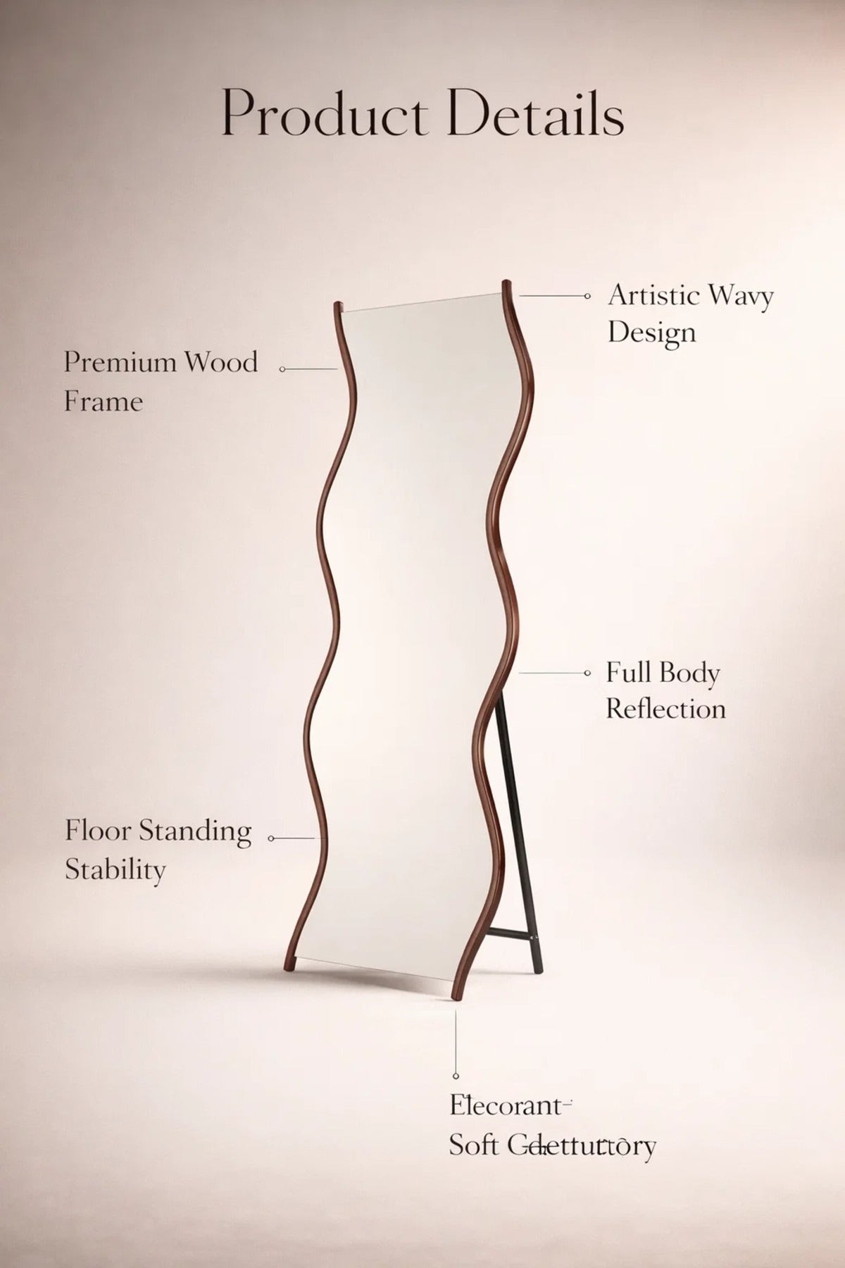 Modern Wavy Full Length Floor Mirror with Dark Wood Frame & Stand