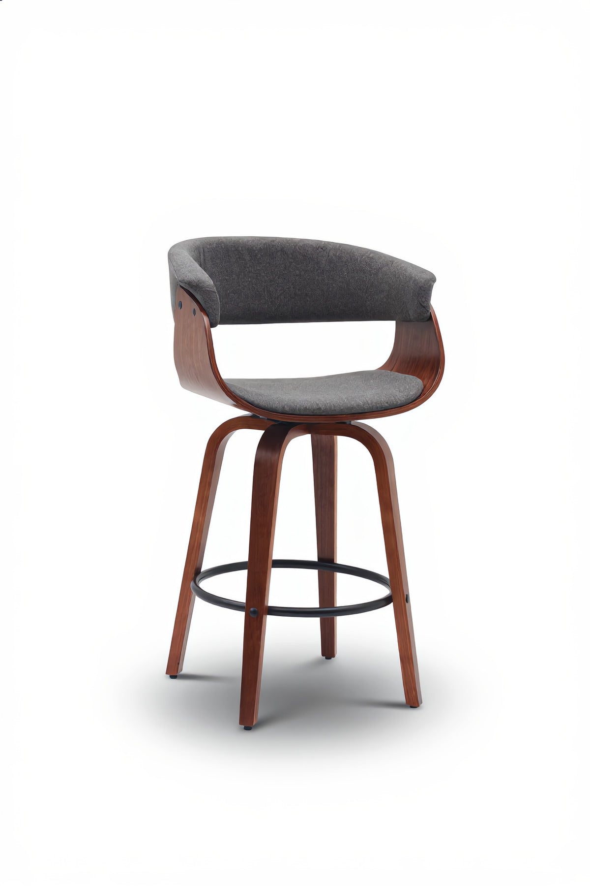 Dark Grey Swivel Bar Stool with Curved Wood Backrest, Upholstered Seat, Metal Footrest for Kitchen
