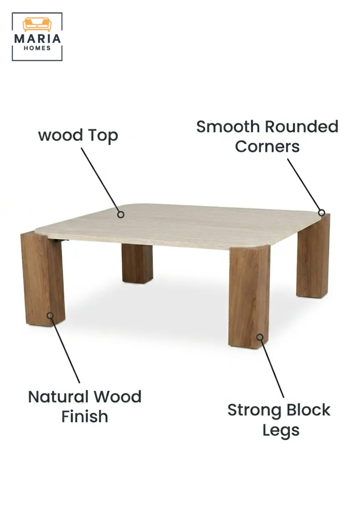Modern Square Coffee Table with Wood-Effect Top and Chunky Wooden Legs, Contemporary Center Table for Living Room, Lounge, Apartment and Office