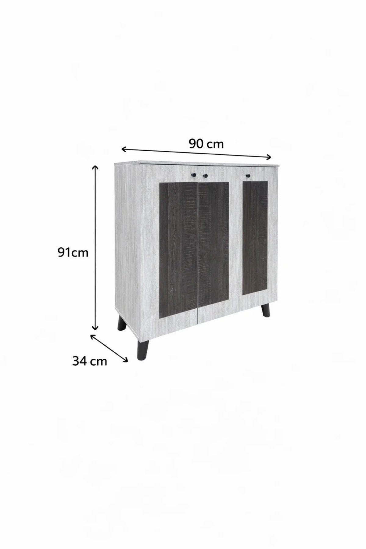 Stylish Grey Wood Shoe Cabinet with Dark Accents 3-Door Entryway Organizer Rack 90cm Width Unit