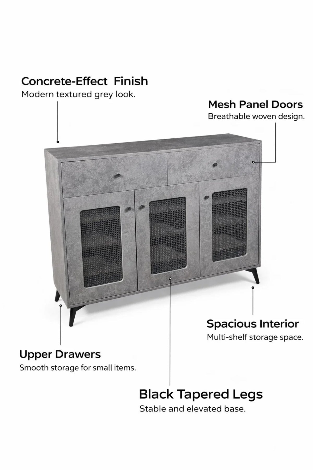 Modern Grey Shoe Cabinet with Three Mesh Doors and Two Drawers Storage Sideboard 120cm Wide