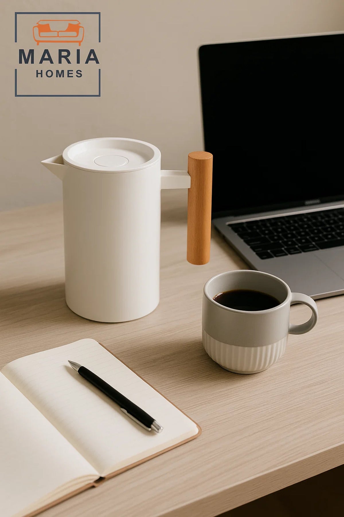 Matte White Insulated Thermal Jug with Wooden Handle