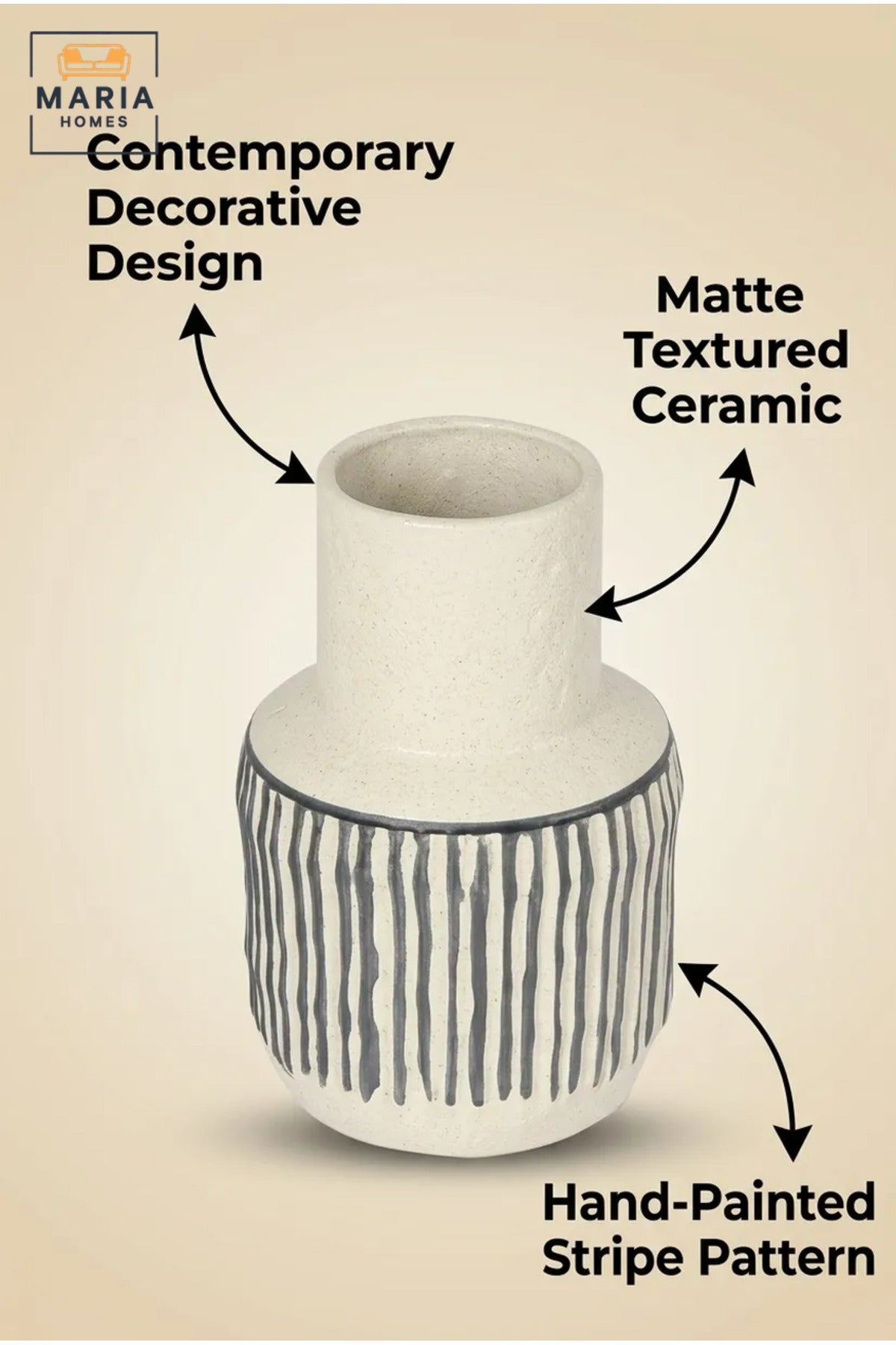 Cream and Black Striped Decorative Vase, Modern Ceramic Flower Holder with Rounded Body and Tall Neck for Living Room, Bedroom, Office and Table Décor