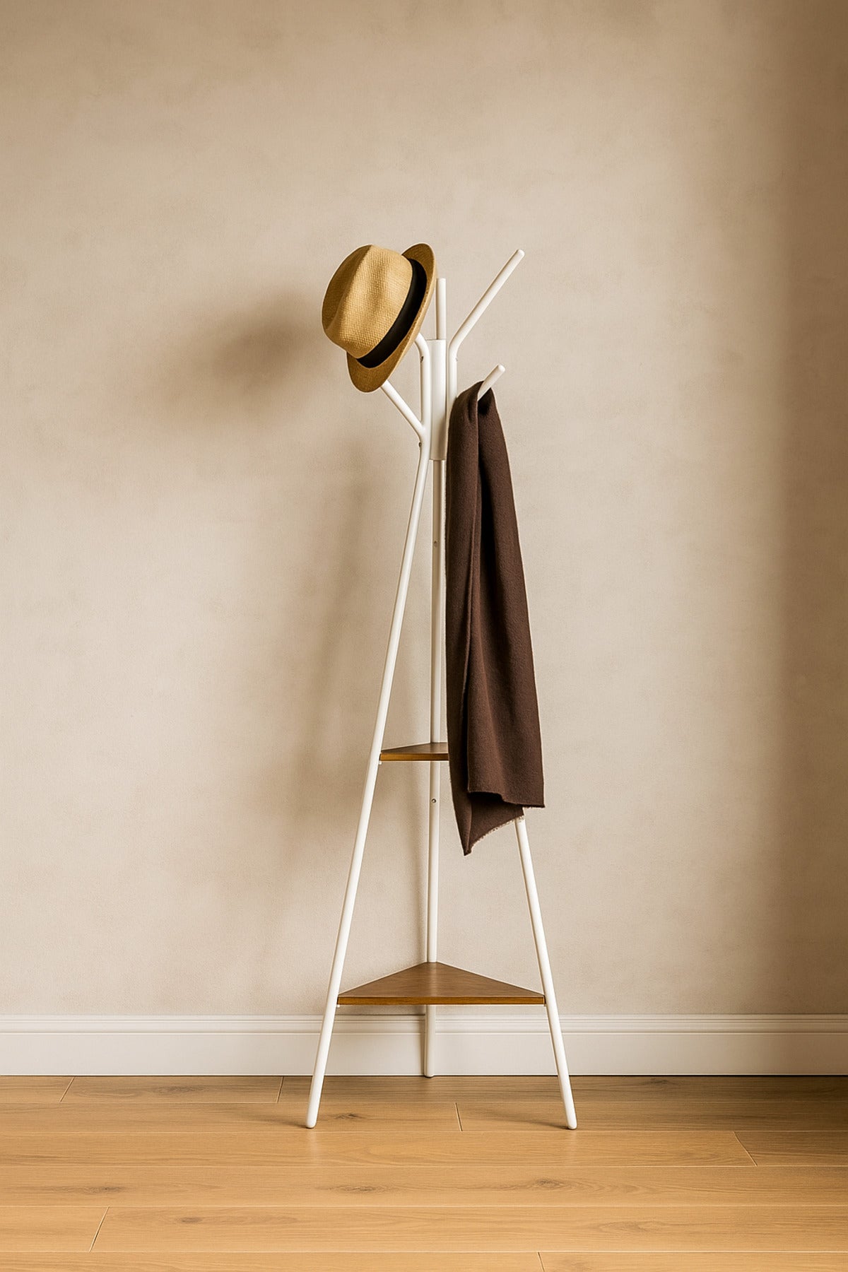 Modern White Coat Rack Ð Metal Clothes Stand with Dual Wooden Shelves for Entryway & Bedroom