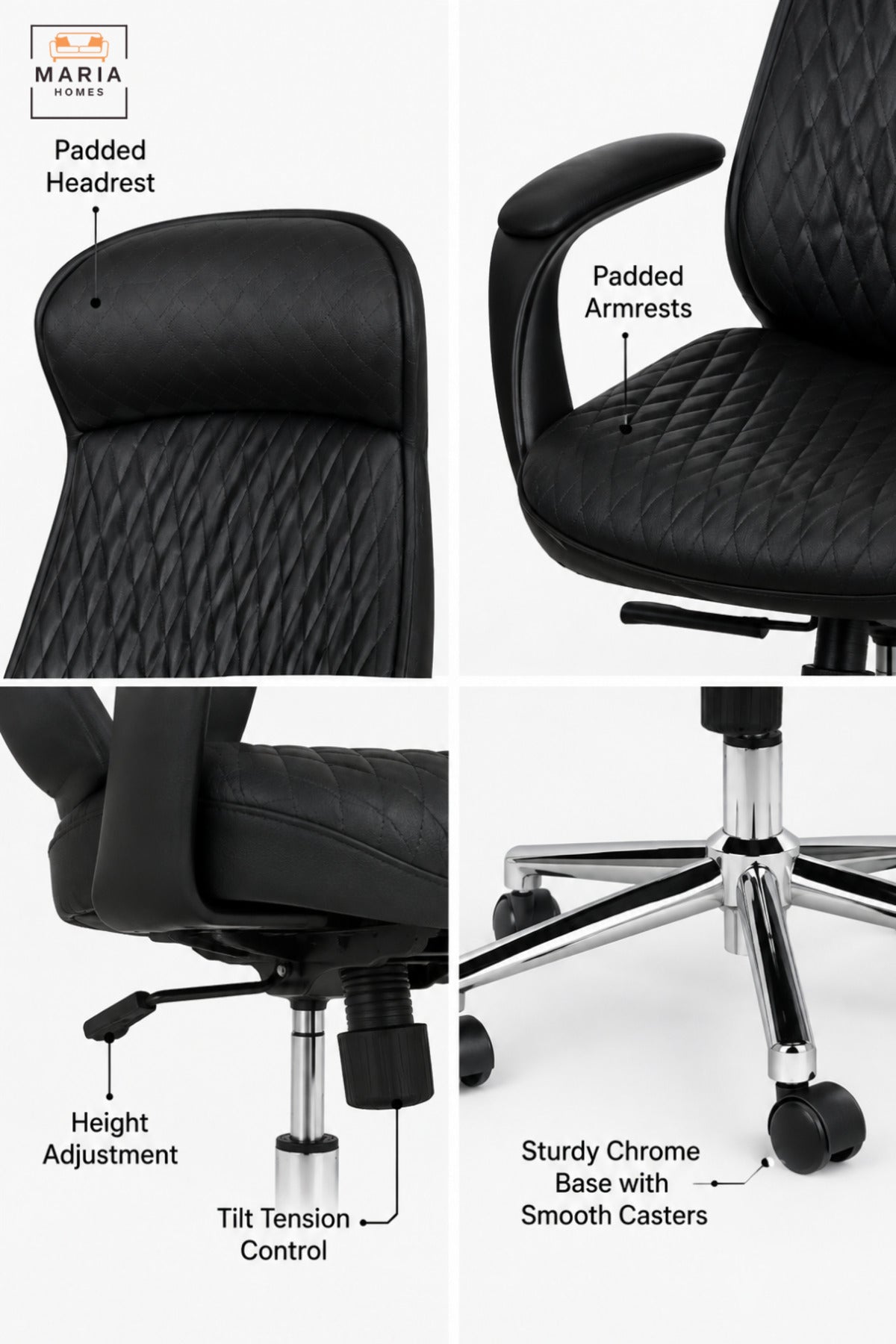 Modern Black Executive Office Chair with Quilted High Back, Padded Headrest, Armrests, Adjustable Height & Rolling Wheels for Home Office Workspace