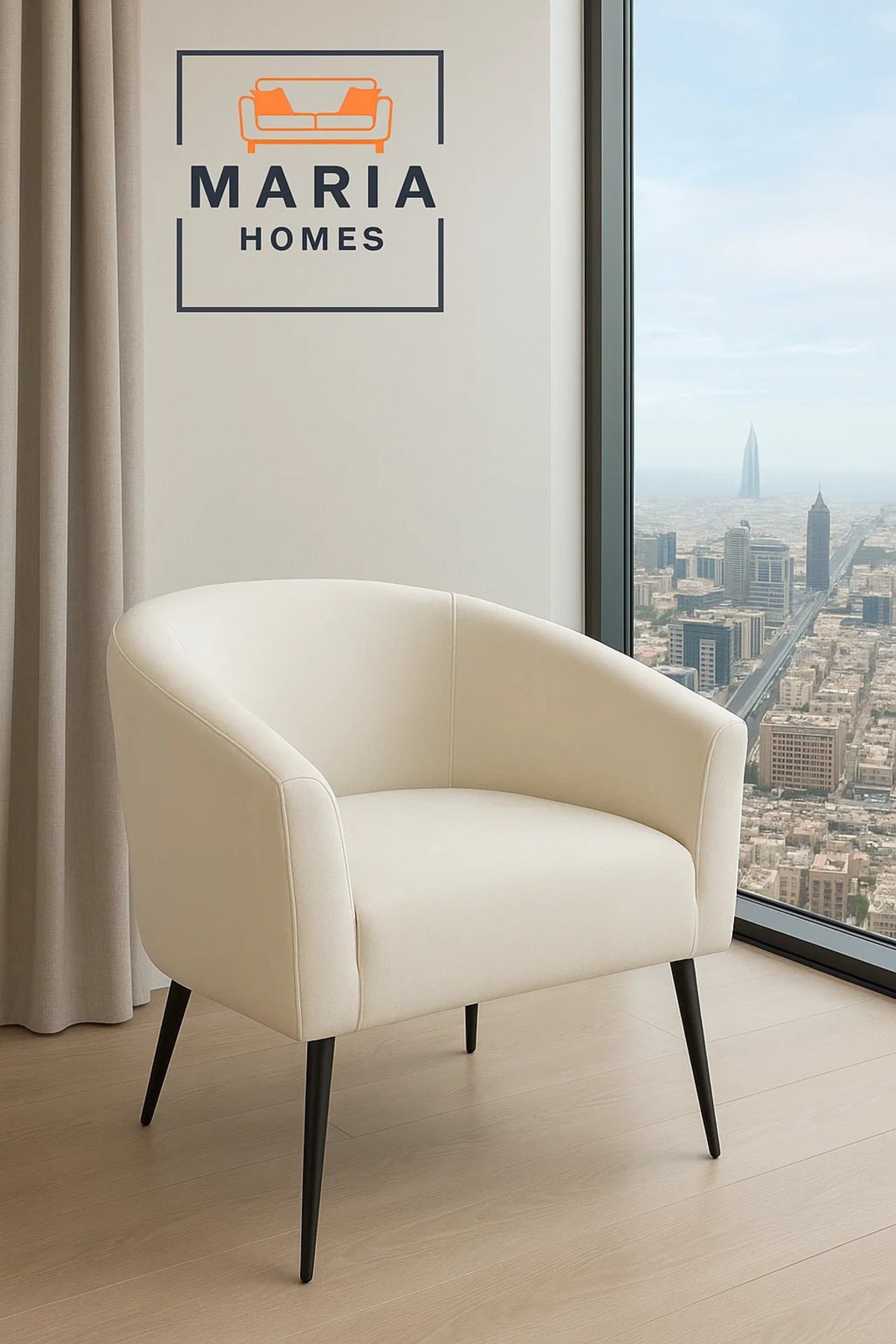 Ivory Curved Arm Lounge Chair Ð Modern Upholstered Accent Chair with Black Legs for Home or Office