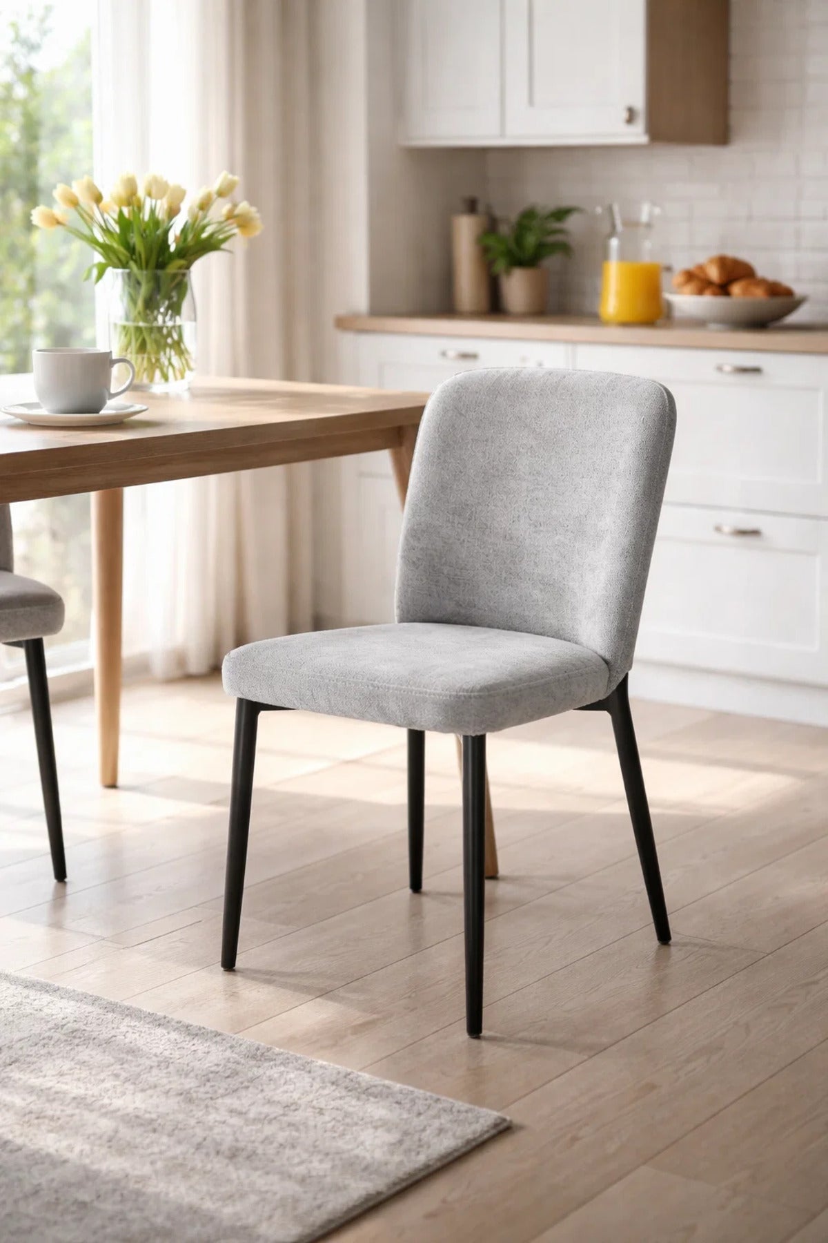 Grey Upholstered Dining Chair with Cushioned Seat Modern Fabric Dining Chair