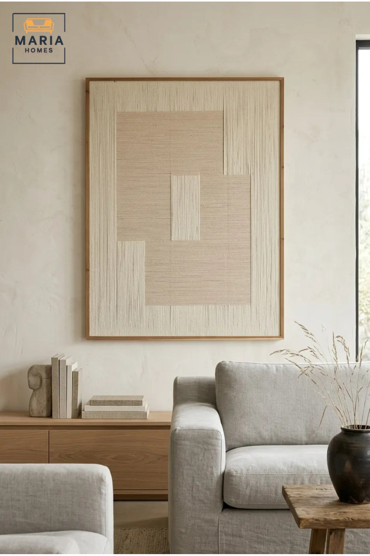 Modern Abstract Textured Wall Art with Natural Wood Frame, Beige and Cream Geometric Canvas Print for Living Room, Bedroom, Hallway and Office Décor