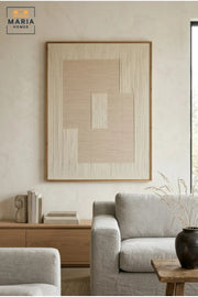 Modern Abstract Textured Wall Art with Natural Wood Frame, Beige and Cream Geometric Canvas Print for Living Room, Bedroom, Hallway and Office Décor